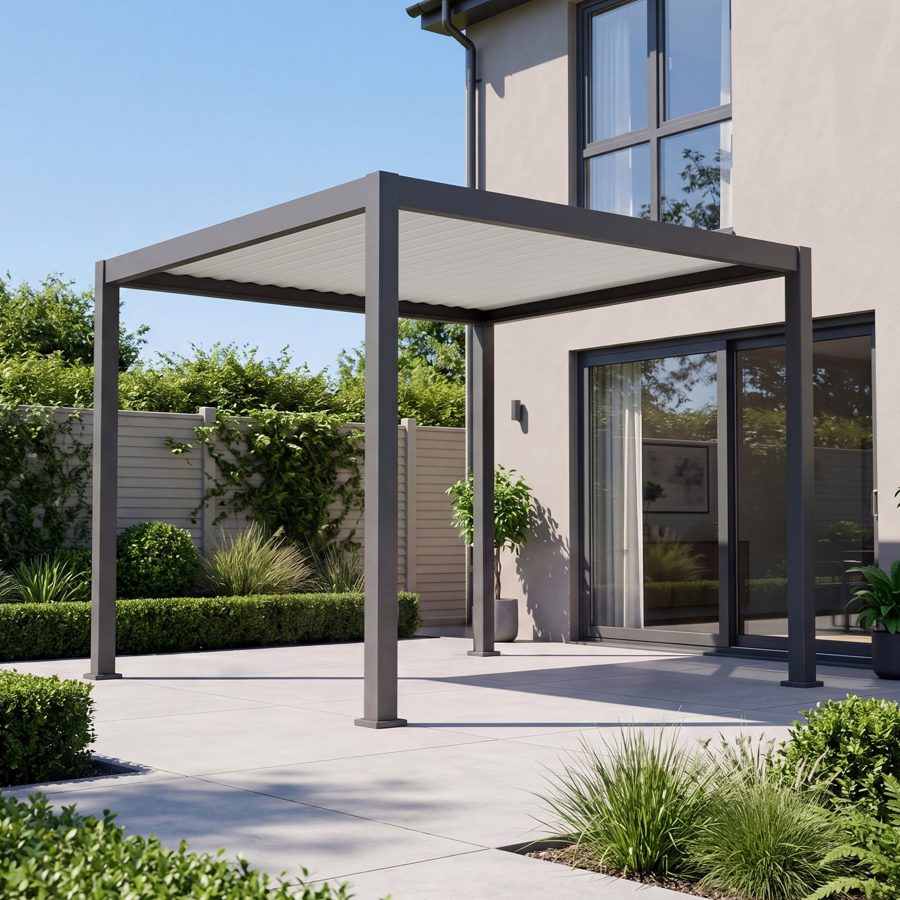 Eclipse Aluminium Metal Fixed Roof Pergola in Graphite Grey & Pebble