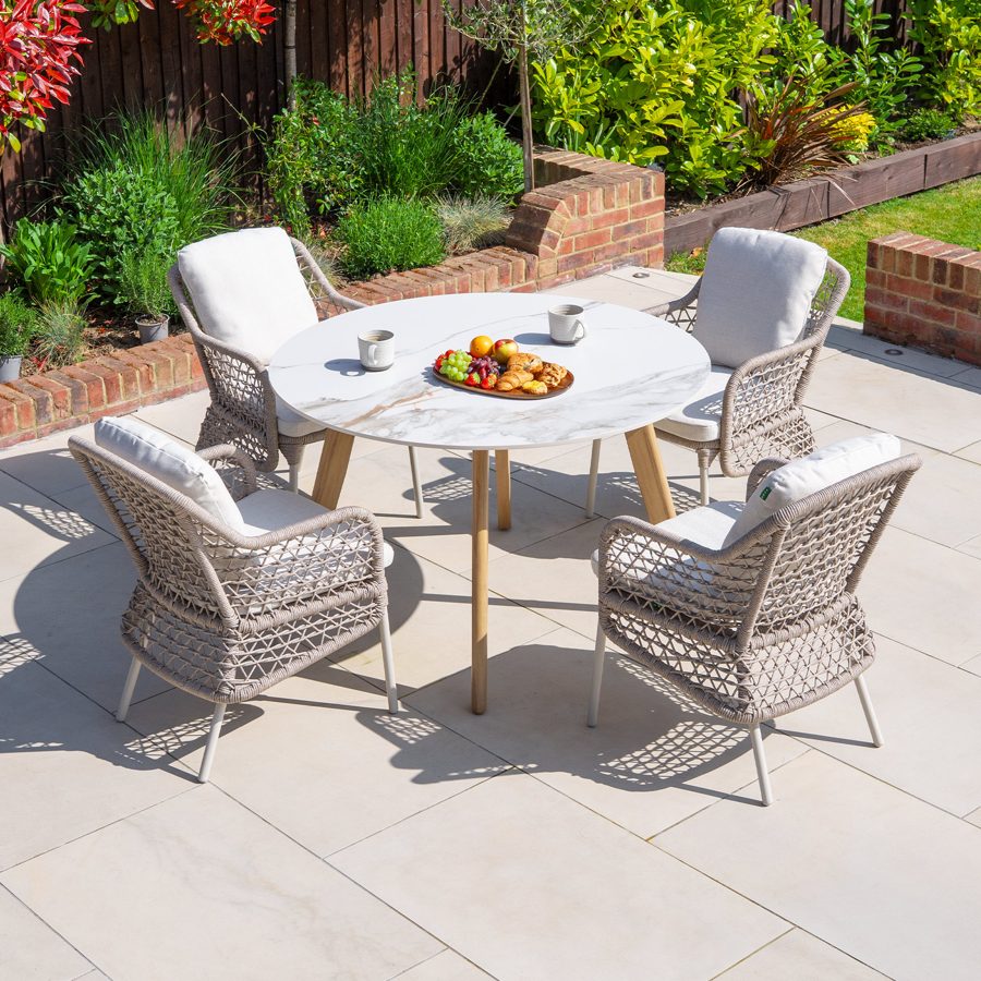 Fleur 4 Seat Rope Aluminium Wood Look Dining Set - Round Table in Pebble