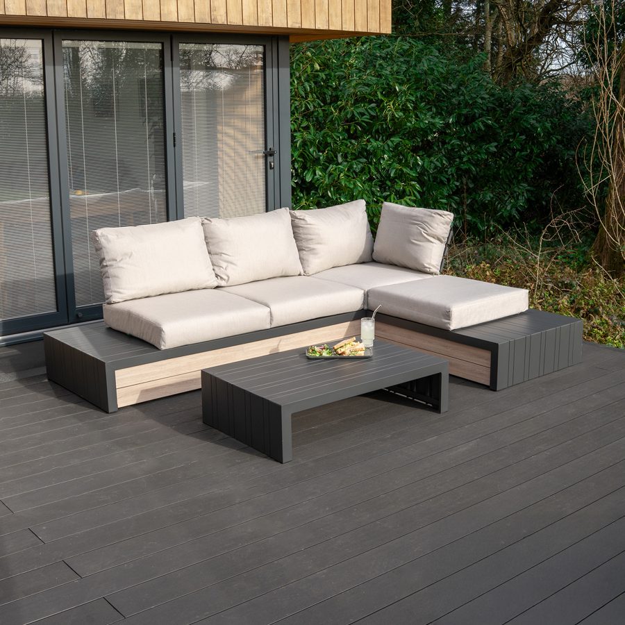Lyon Aluminium Wood Look Compact Corner Sofa Lounging Set in Graphite Grey