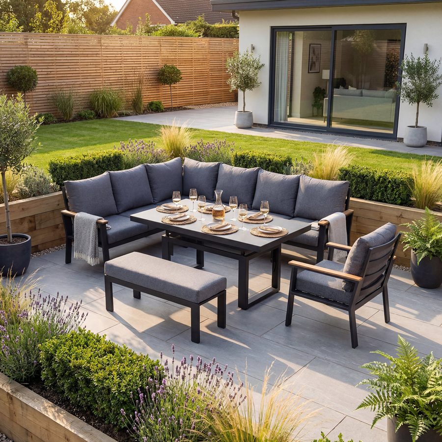 Felix L-Shaped Corner Aluminium Wood Lounge Dining Set - Rising Table in Graphite Grey